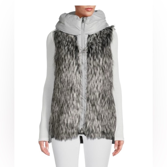 DKNY FAUX-FUR TRIM HOODED PUFFER VEST WOMENS GREY COLOR SLEEVELESS SIZE SMALL - Picture 1 of 11